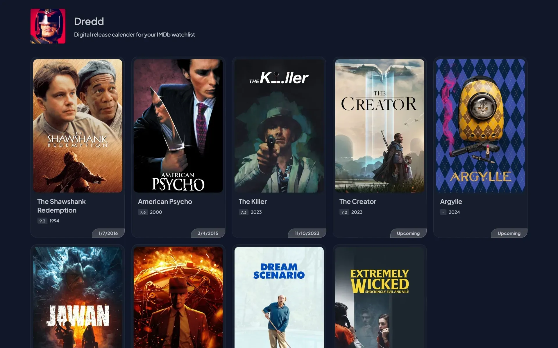 Screenshot of a web app with multiple movie cards with their digital release date