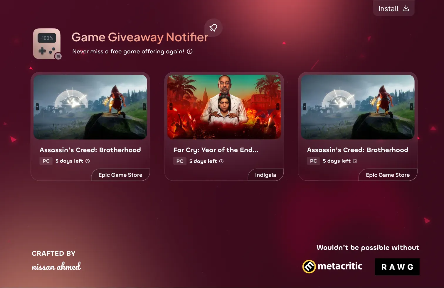 Screenshot of a web app with a list of video game posters