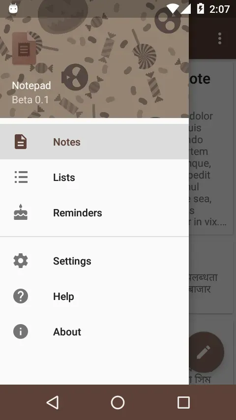 Screenshot of a Menu in my Notepad app