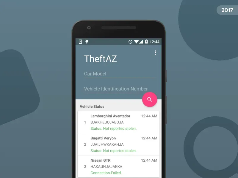 Screenshot of an Android app with a list of reported stolen VINs